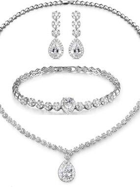 Bridal CZ Jewelry Set Necklace Earrings Bracelet Wedding Bridesmaid Silver